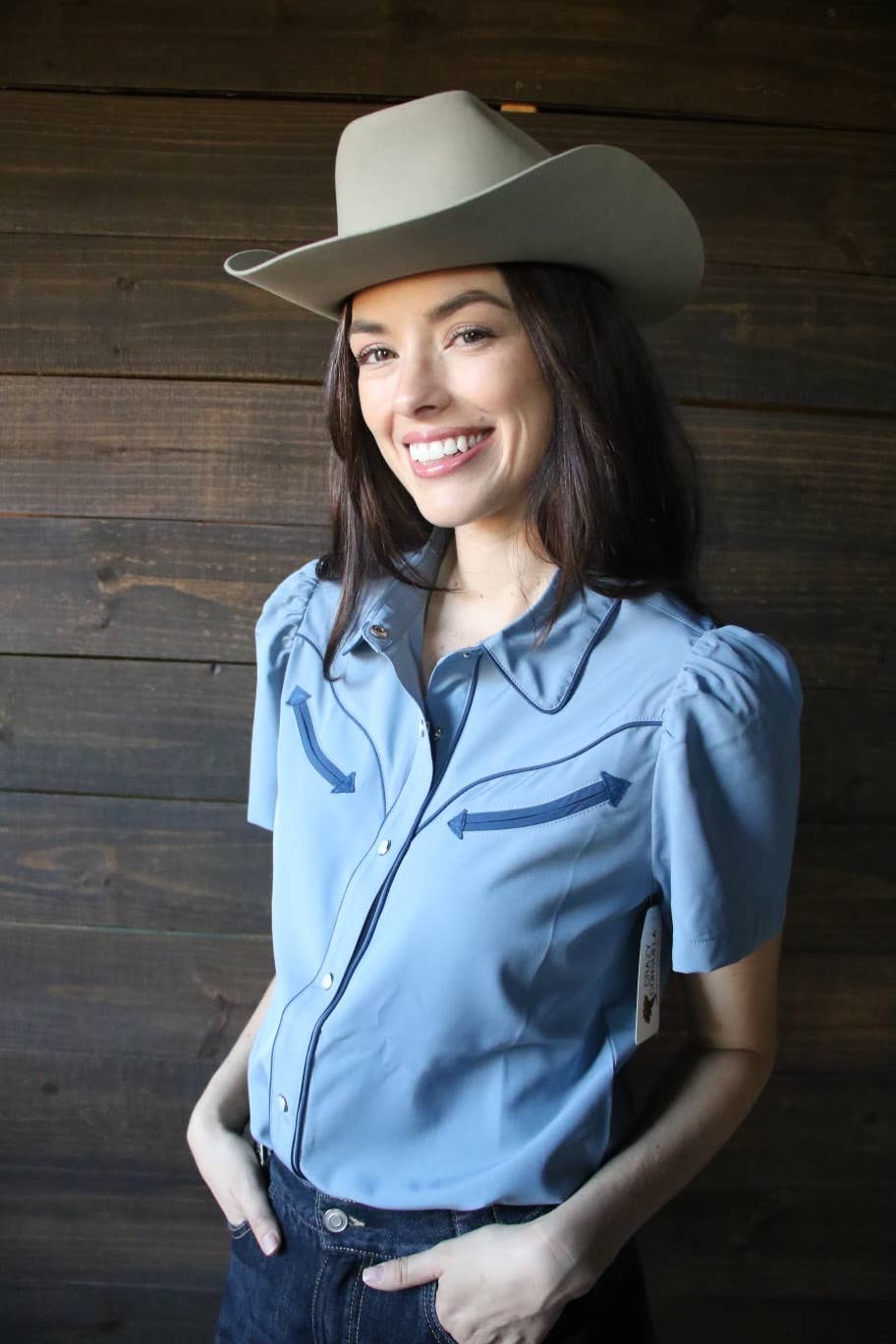 BLUE AND NAVY PEARL SNAP WESTERN BLOUSE