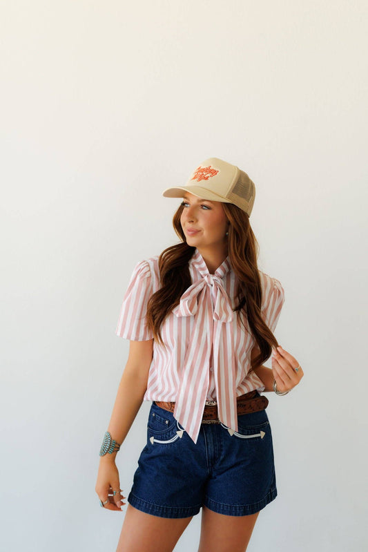 MAUVE STRIPE SS TIE TOP