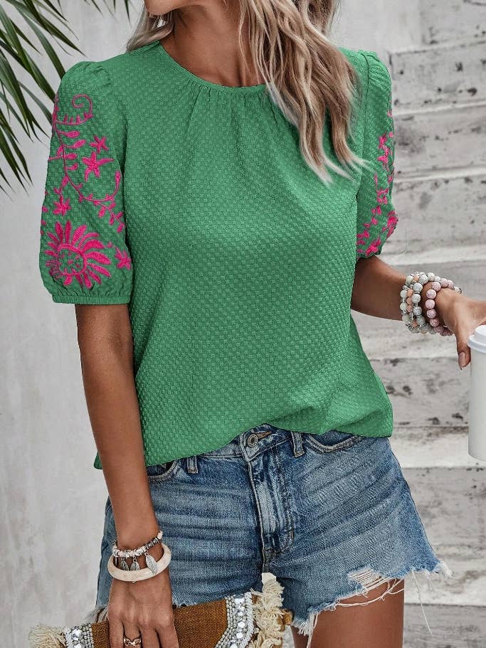 Embroidered Puff Sleeve Shirt
