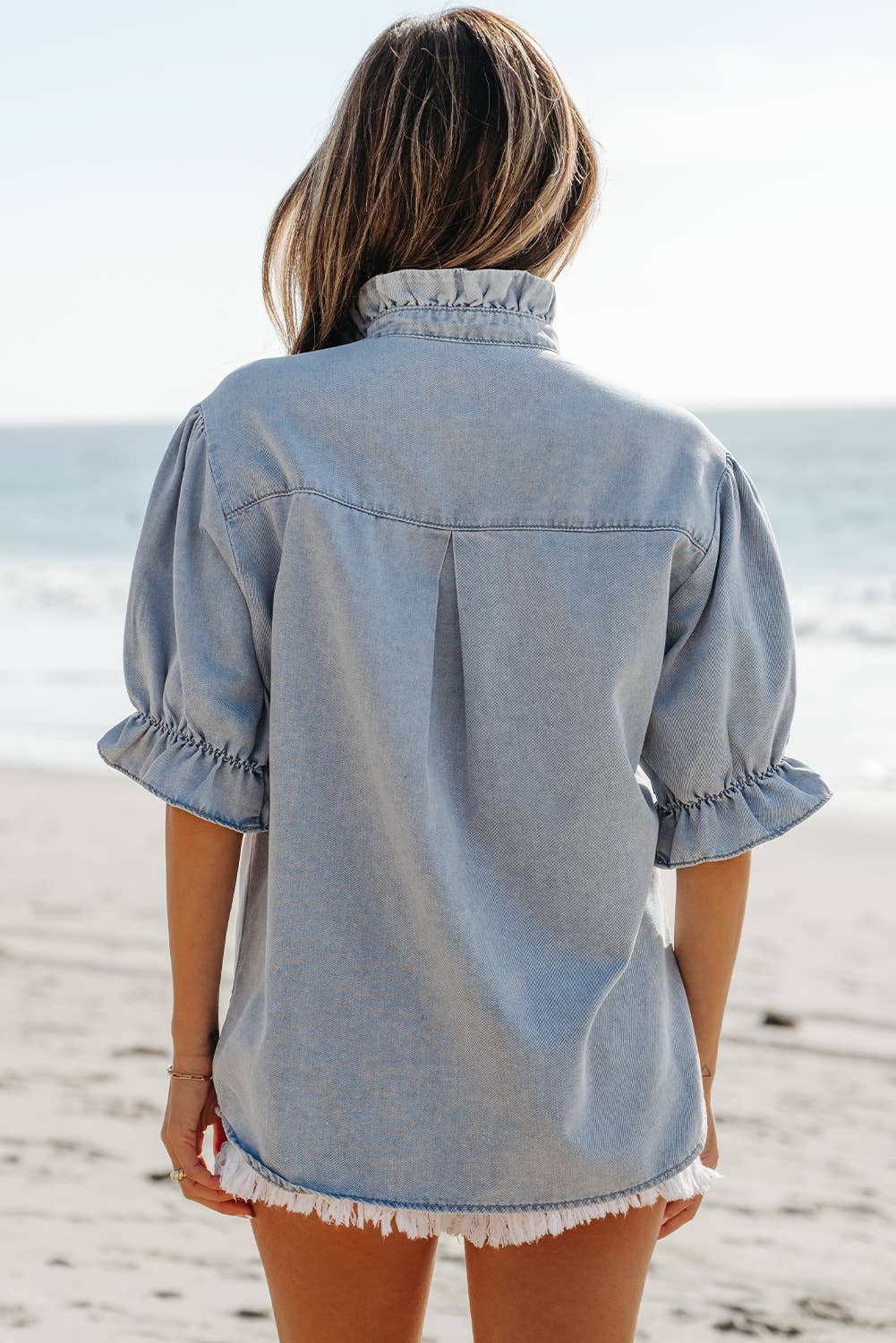Ruffle Short Puff Sleeve Chambray Shirt