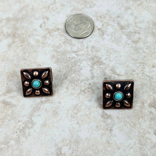 Small cooper with blue turquoise stone concho earring