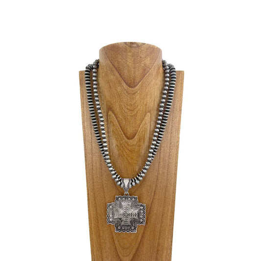 23 Inches double silver Navajo pearl beads/silver cross Necklace