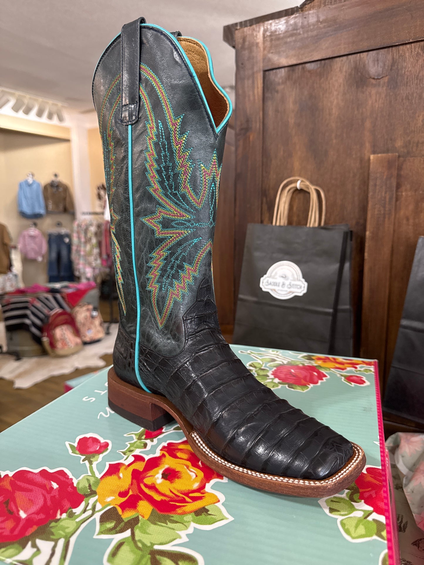 Macie Bean Black Caiman Belly Print Women’s Boots