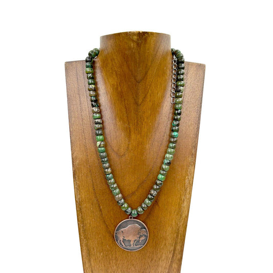 16 Inch roundel turquoise stone/copper buffalo Necklace