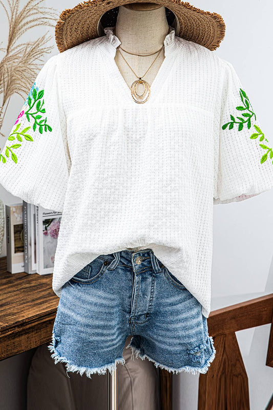 Floral Embroidered Puff Sleeve Blouse