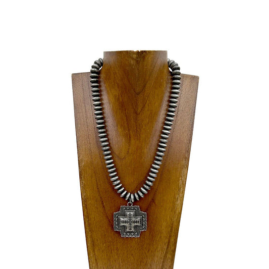 16” long Siver roundel Navajo pearl beads/ silver cross Necklace