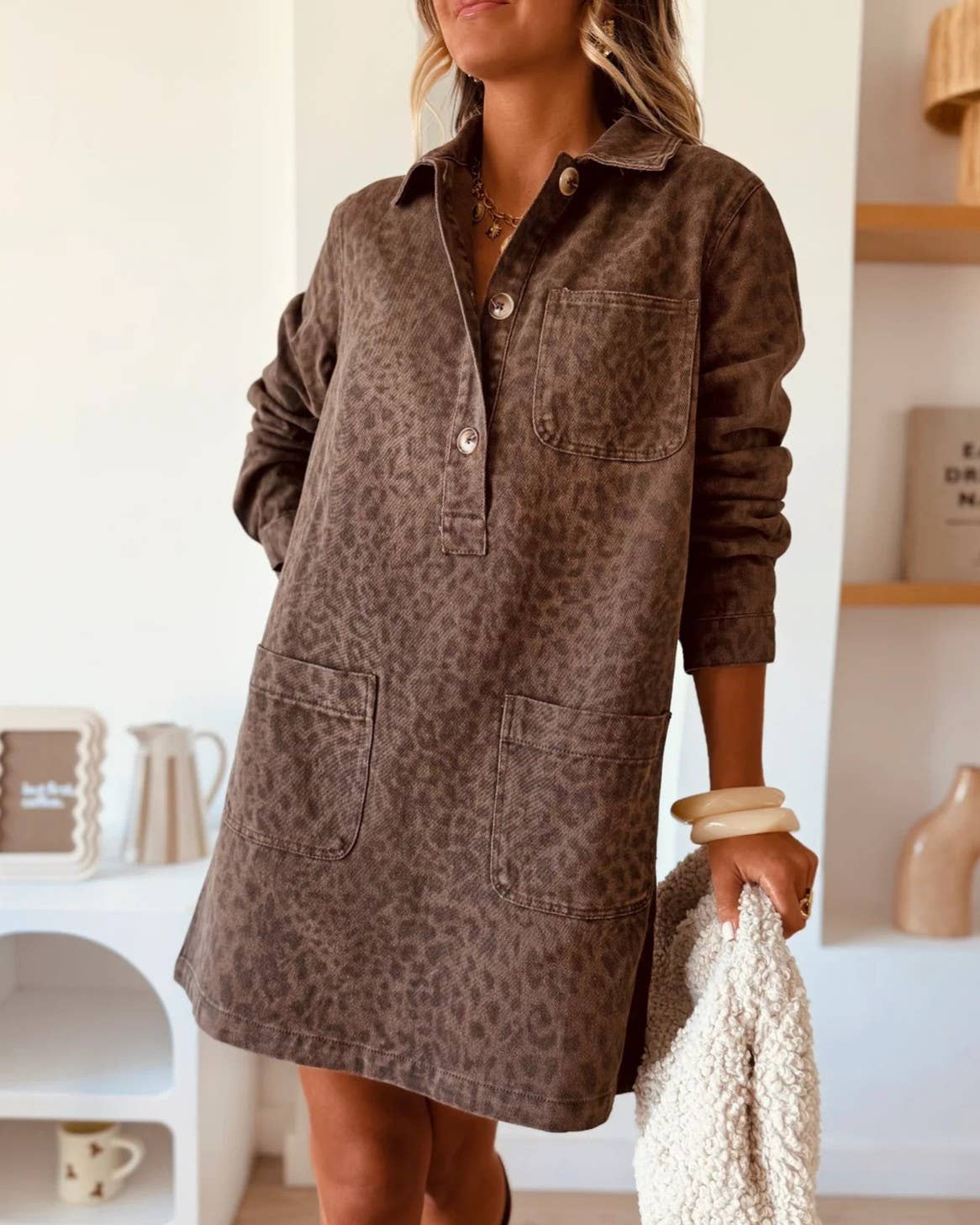 Leopard Print Long-Sleeve Loose Denim Dress