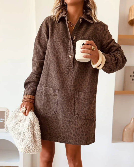 Leopard Print Long-Sleeve Loose Denim Dress