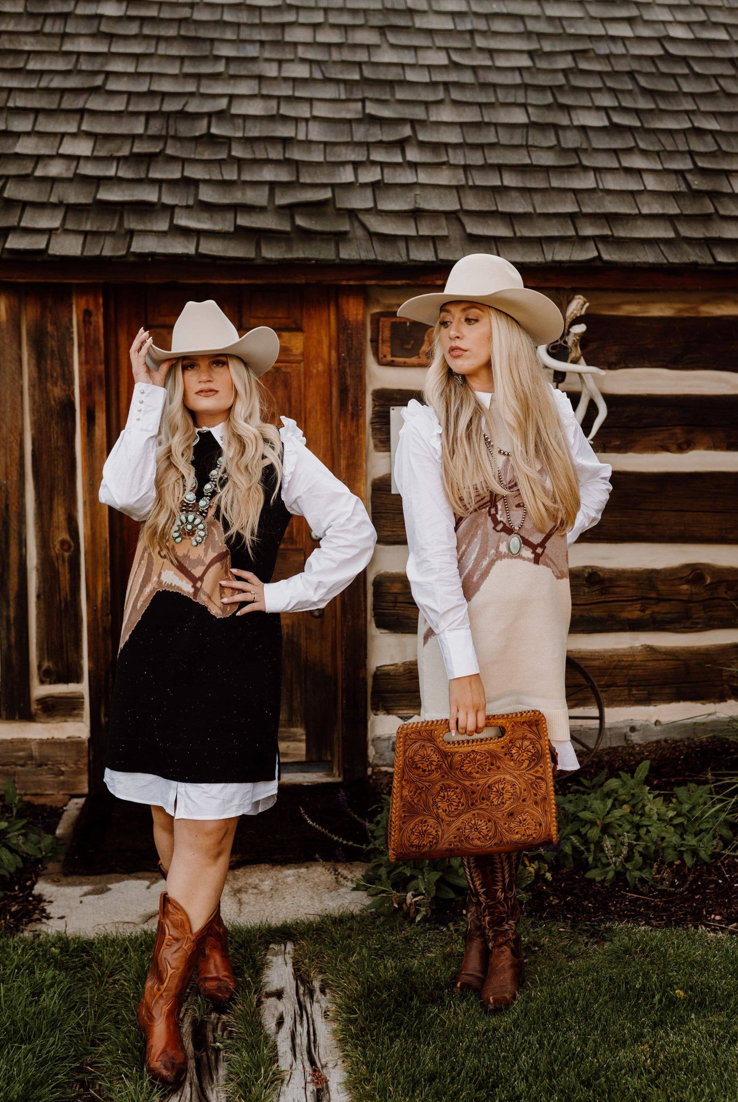 Horse Sweater Dress w/Faux White Ruffled Oxford Dress