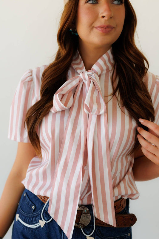 MAUVE STRIPE SS TIE TOP