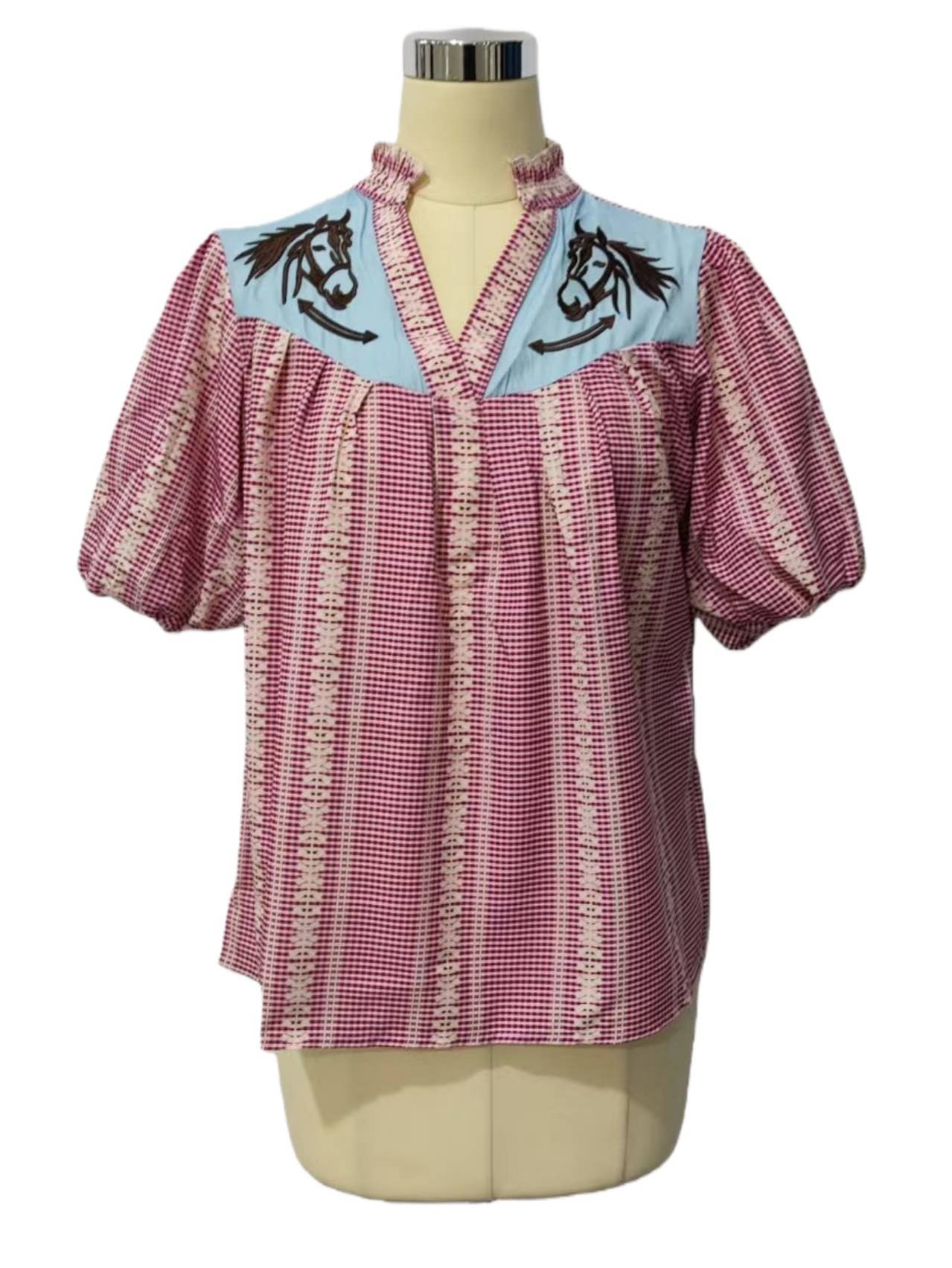 Wild horse gingham puff sleeve blouse