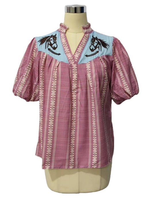 Wild horse gingham puff sleeve blouse