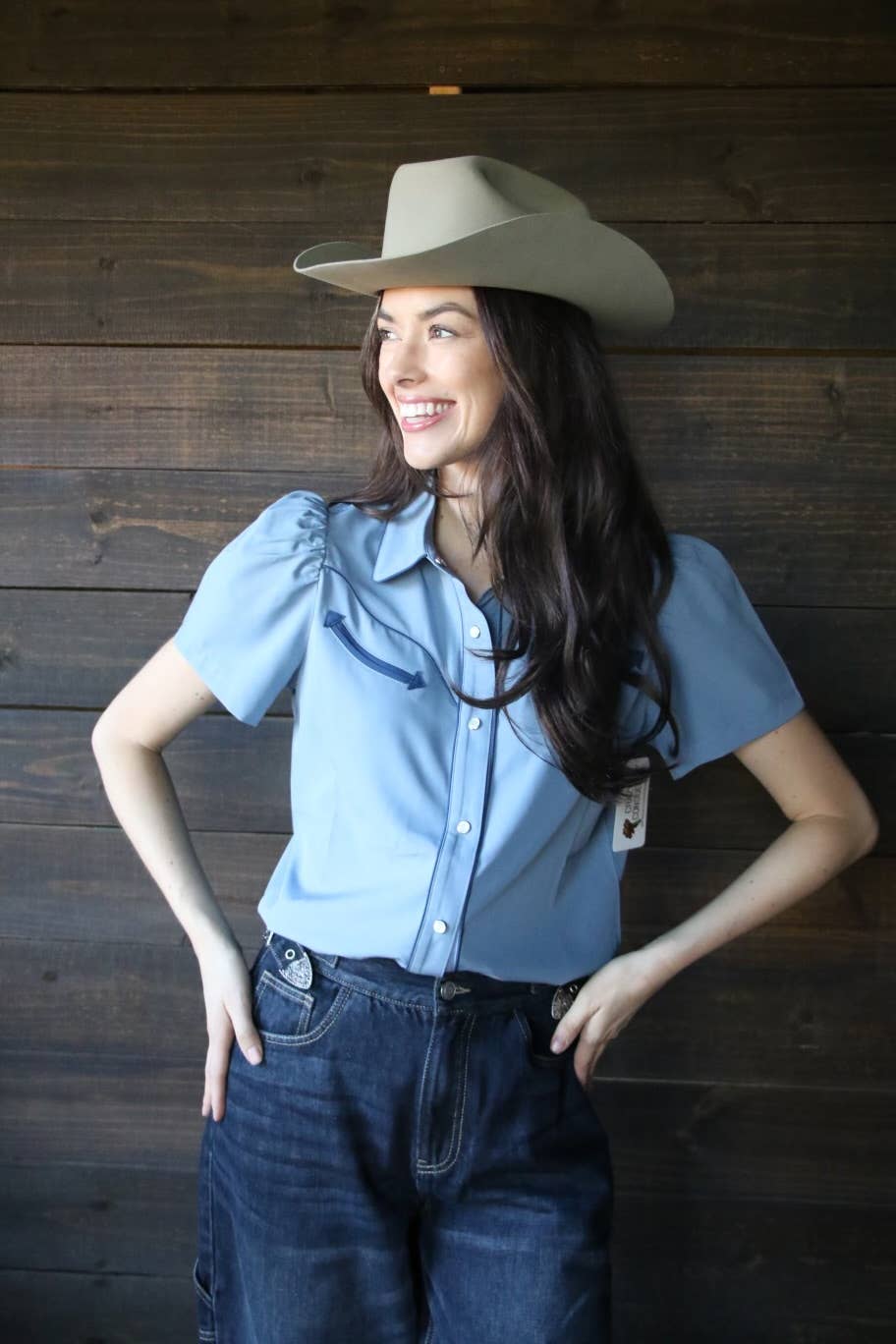 BLUE AND NAVY PEARL SNAP WESTERN BLOUSE
