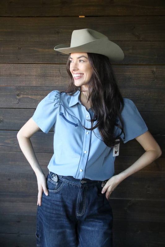 BLUE AND NAVY PEARL SNAP WESTERN BLOUSE
