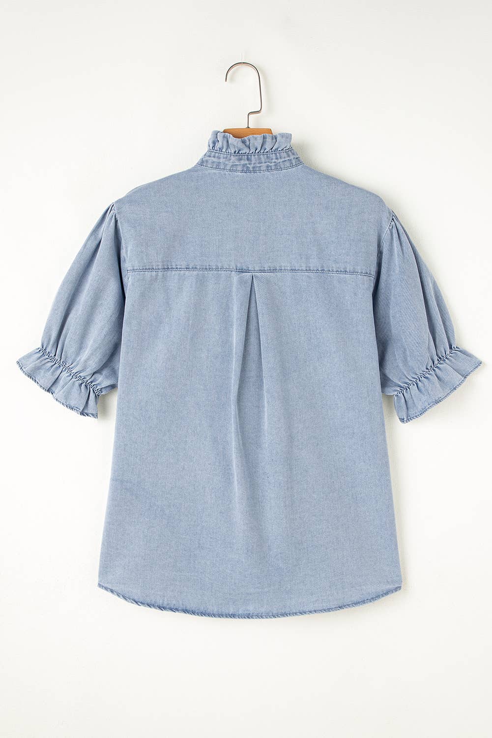 Ruffle Short Puff Sleeve Chambray Shirt