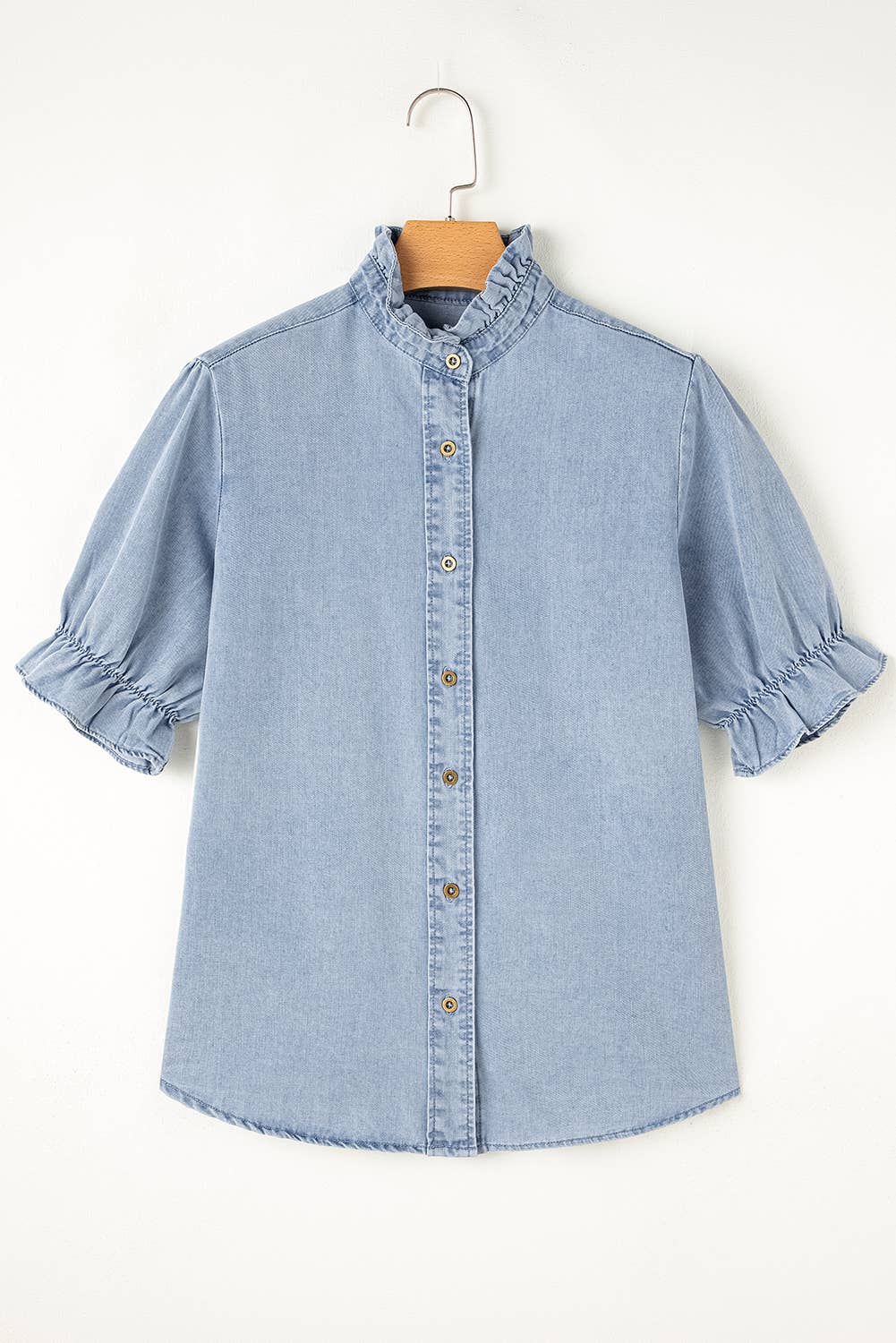 Ruffle Short Puff Sleeve Chambray Shirt
