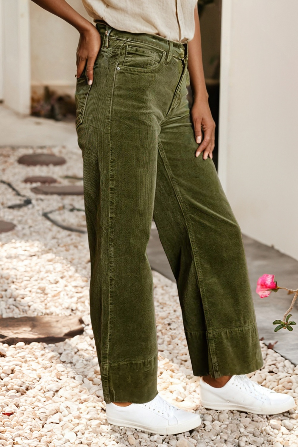 Green High Waist Corduroy Wide Leg Pants
