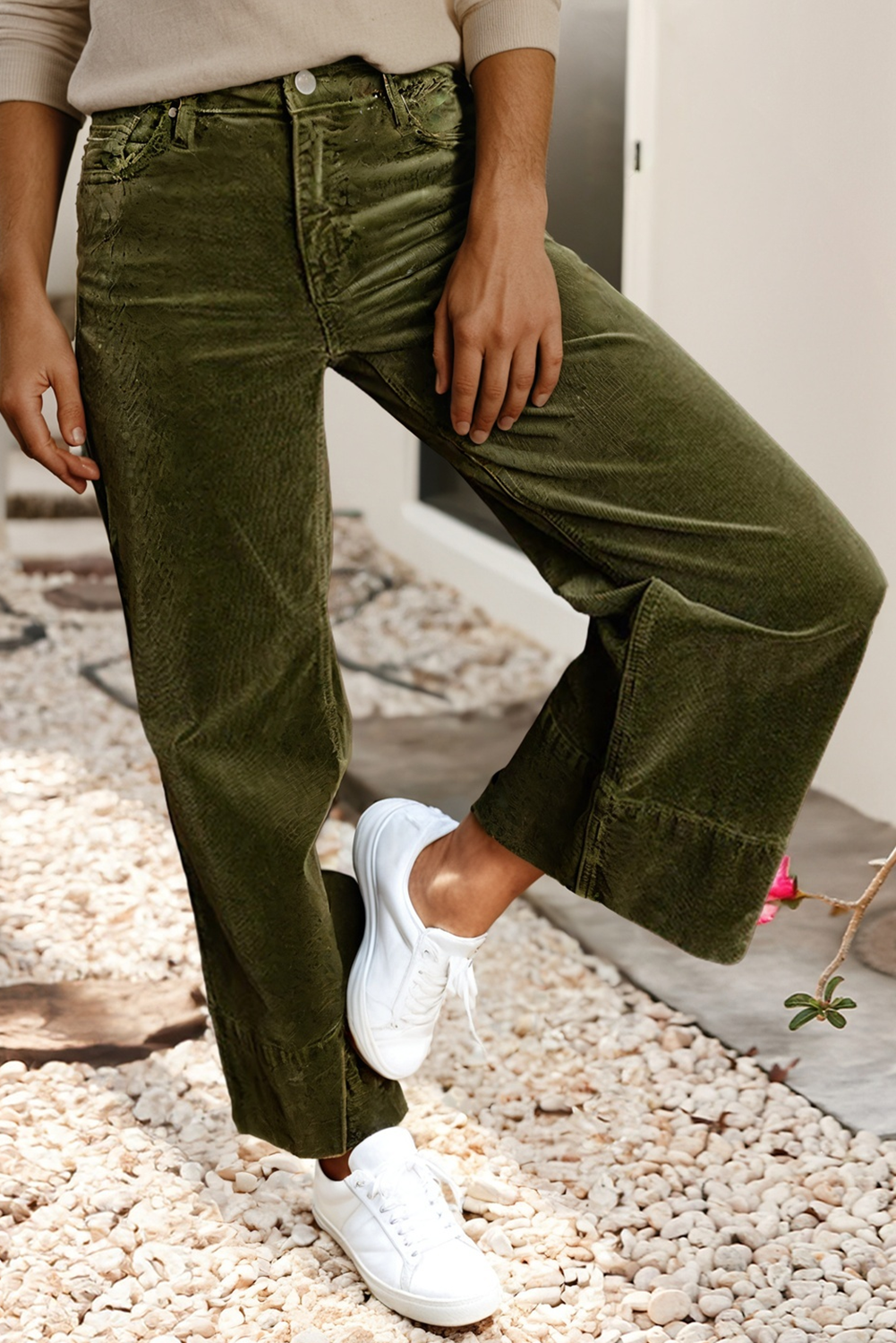 Green High Waist Corduroy Wide Leg Pants