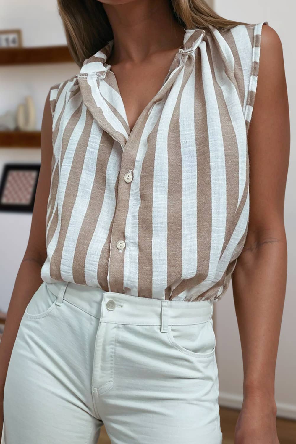Stripe Button Down Sleeveless Shirt