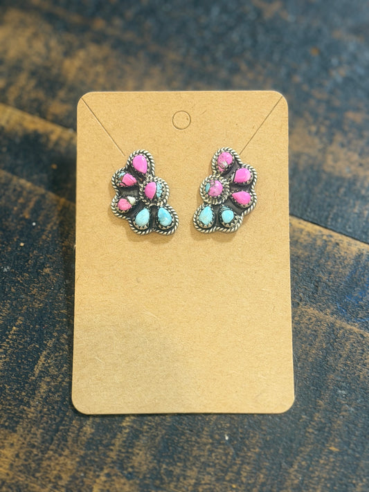 Pink Turquoise 1/2 Cluster Earrings