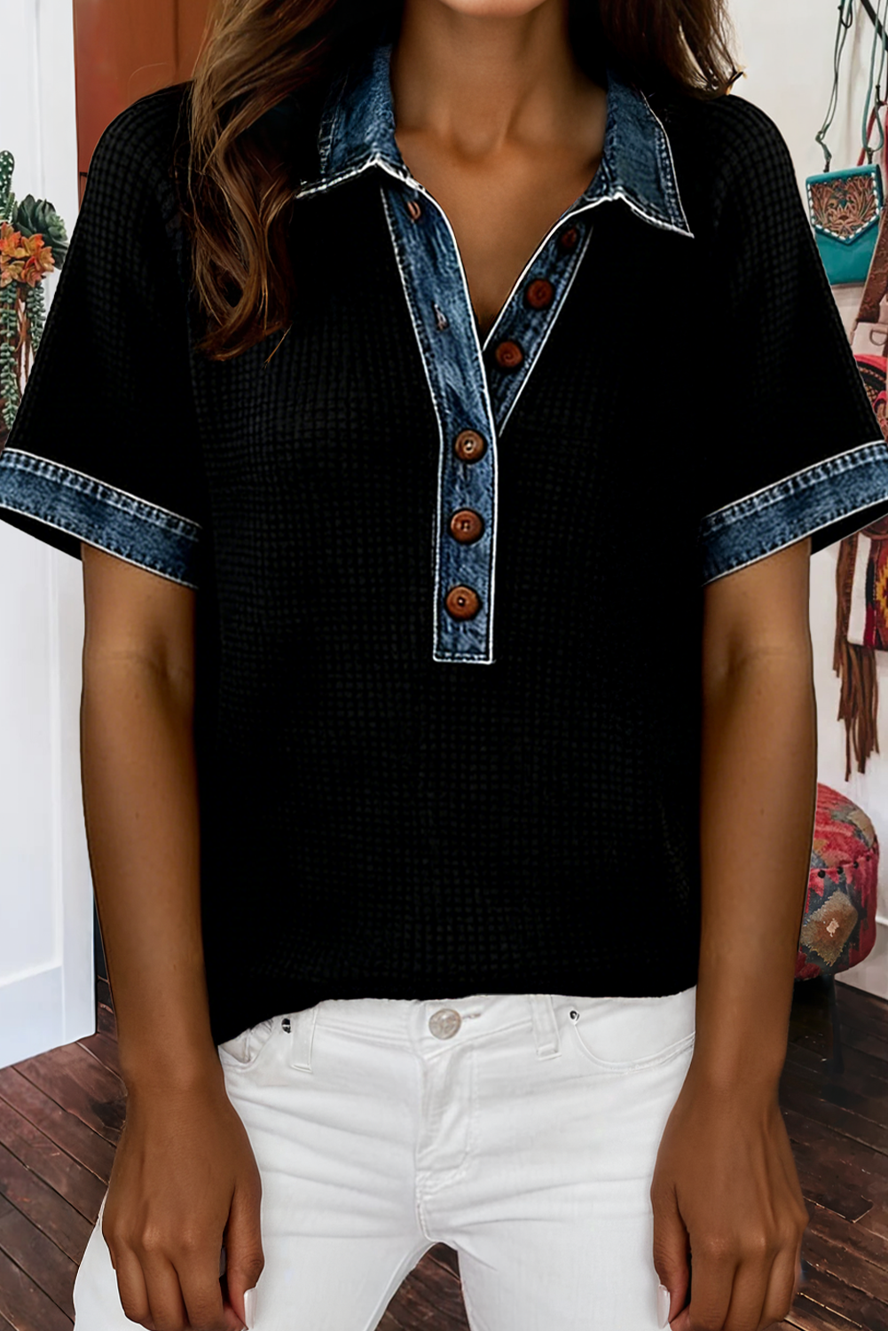 Waffle Knit Denim Trim Top