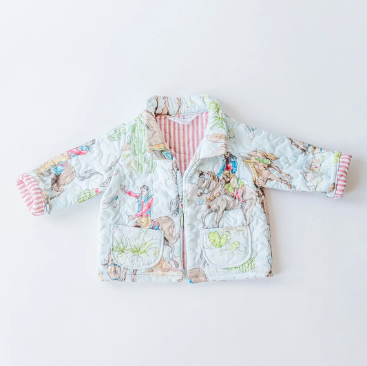 Ida Mae Cowgirl Birdie Quilted Jacket with Striped Liner, Snaps, and Two Front Pockets