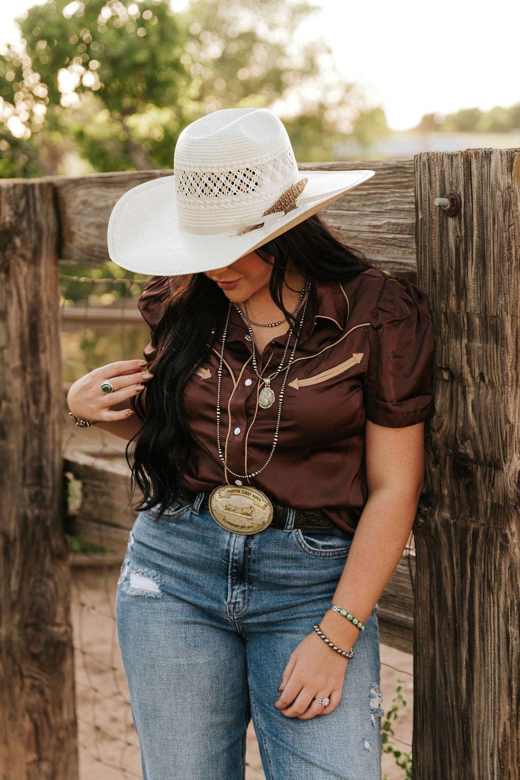 BROWN SILK PEARL SNAP SHORT SLEEVE