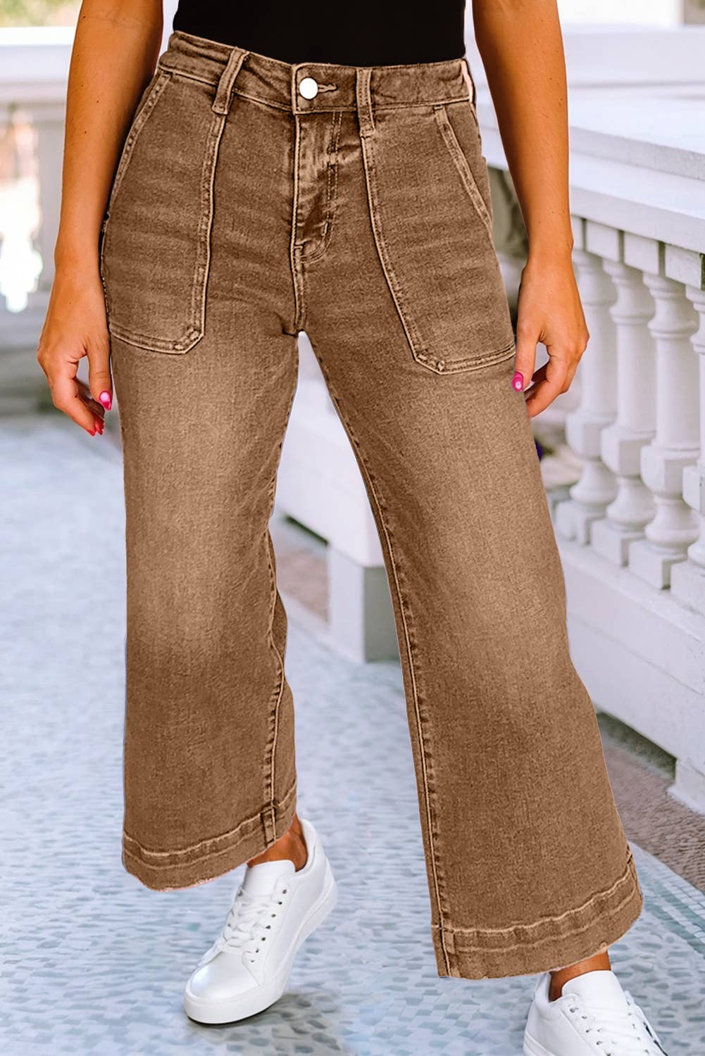 Brown Cropped High Rise Wide Leg Jeans