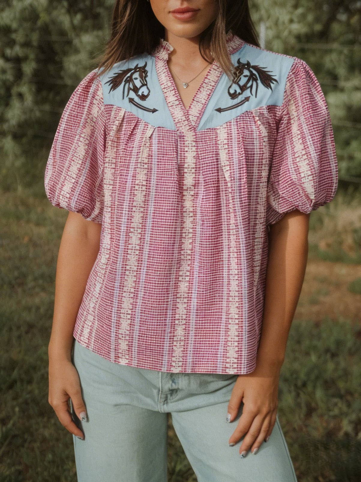 Wild horse gingham puff sleeve blouse