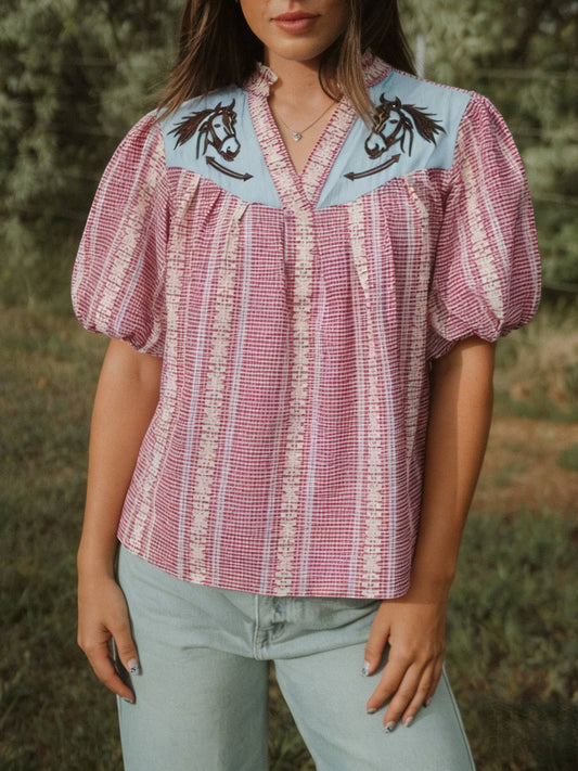 Wild horse gingham puff sleeve blouse