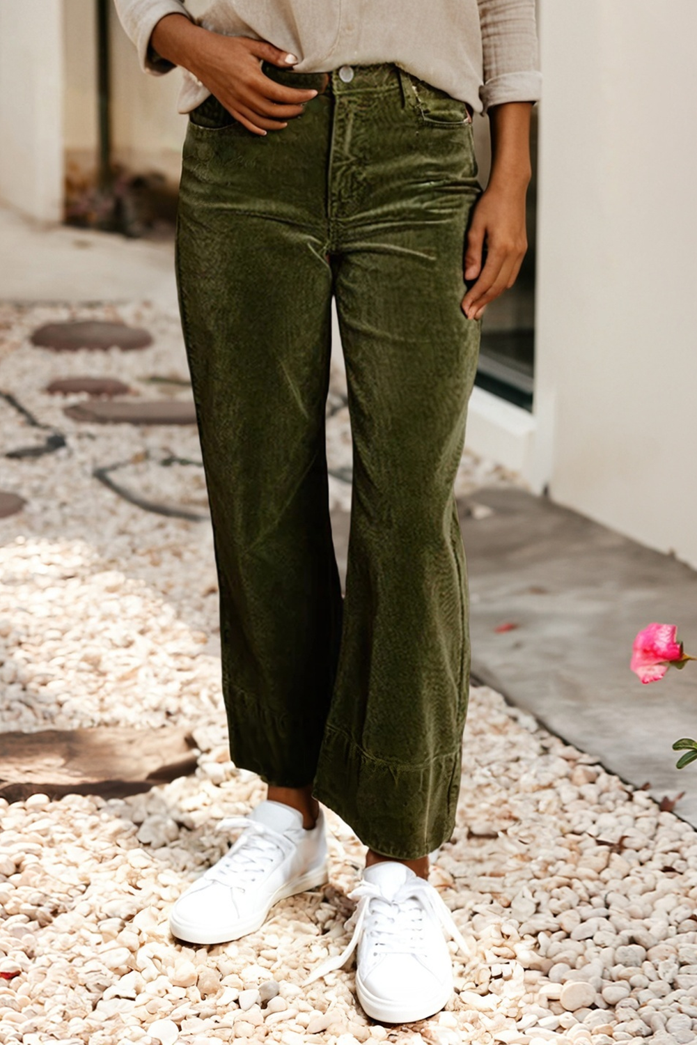 Green High Waist Corduroy Wide Leg Pants