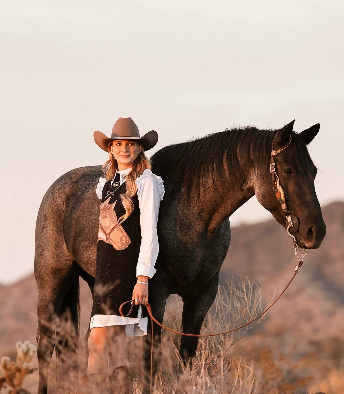 Horse Sweater Dress w/Faux White Ruffled Oxford Dress