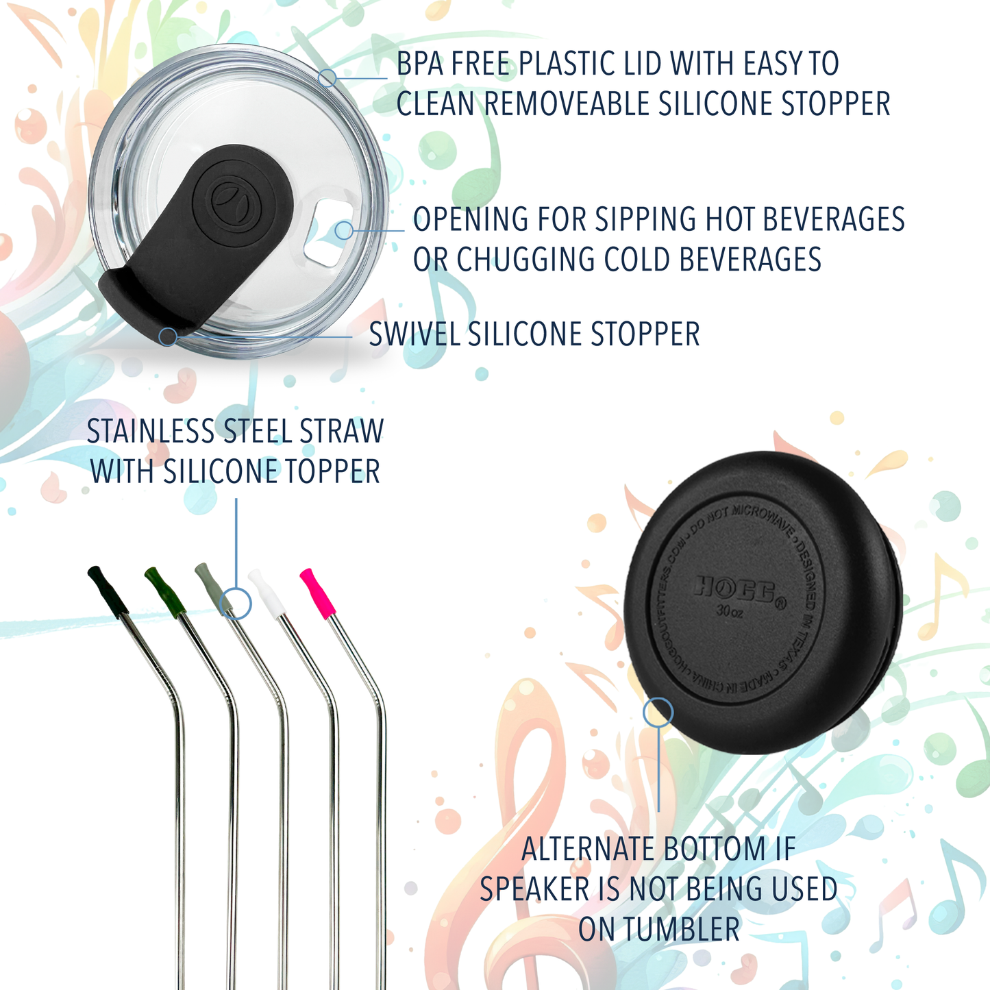 30oz Grippy Speaker Tumbler, Bluetooth Speaker Cup