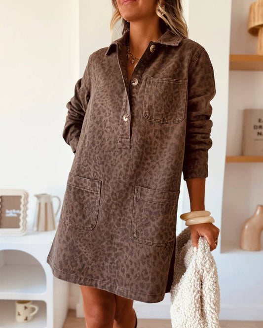 Leopard Print Long-Sleeve Loose Denim Dress