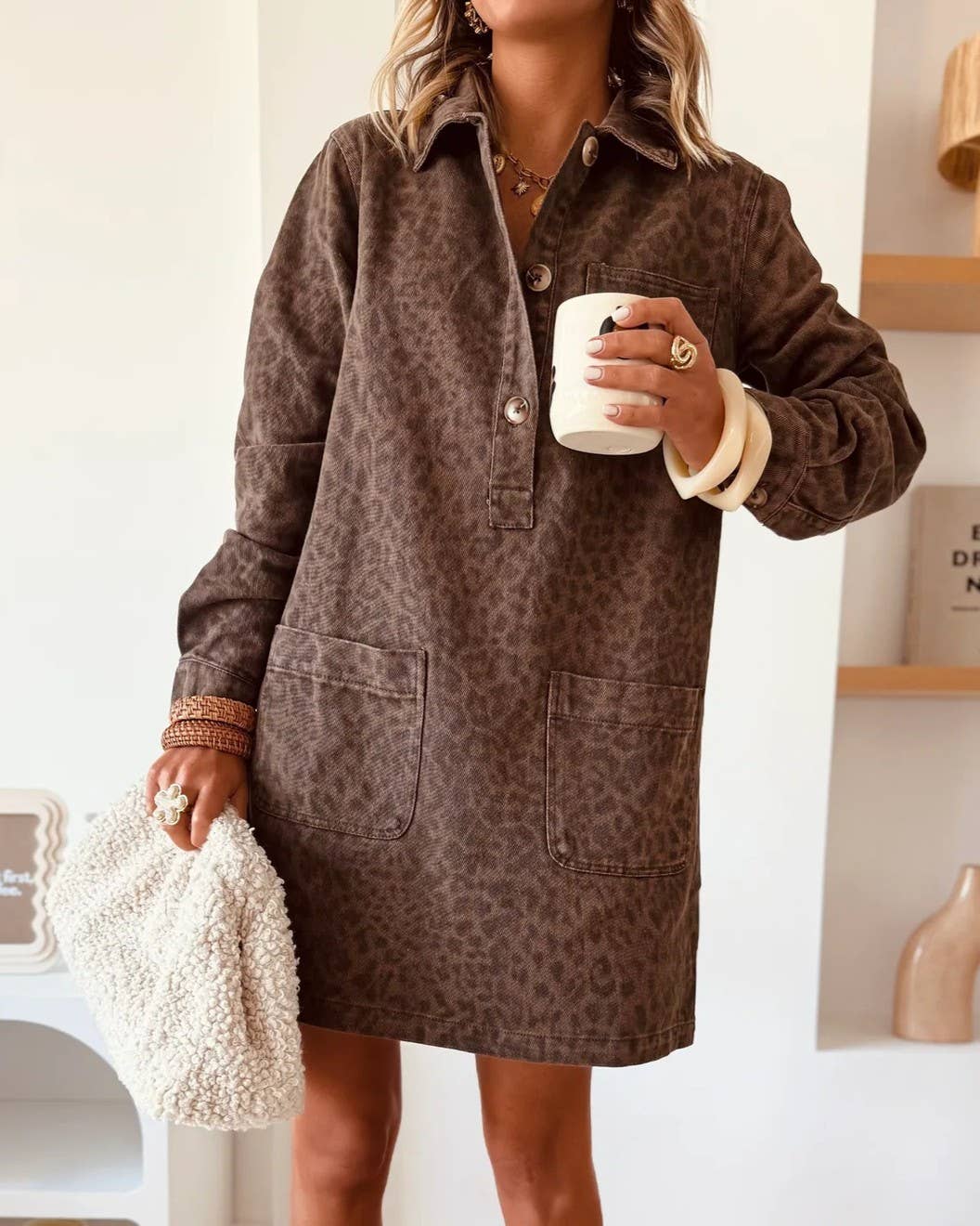 Leopard Print Long-Sleeve Loose Denim Dress