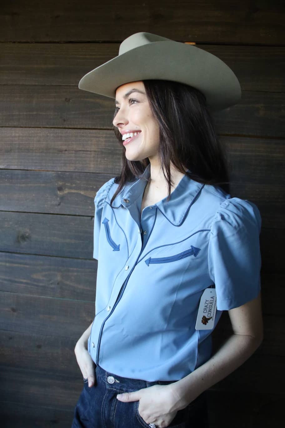 BLUE AND NAVY PEARL SNAP WESTERN BLOUSE